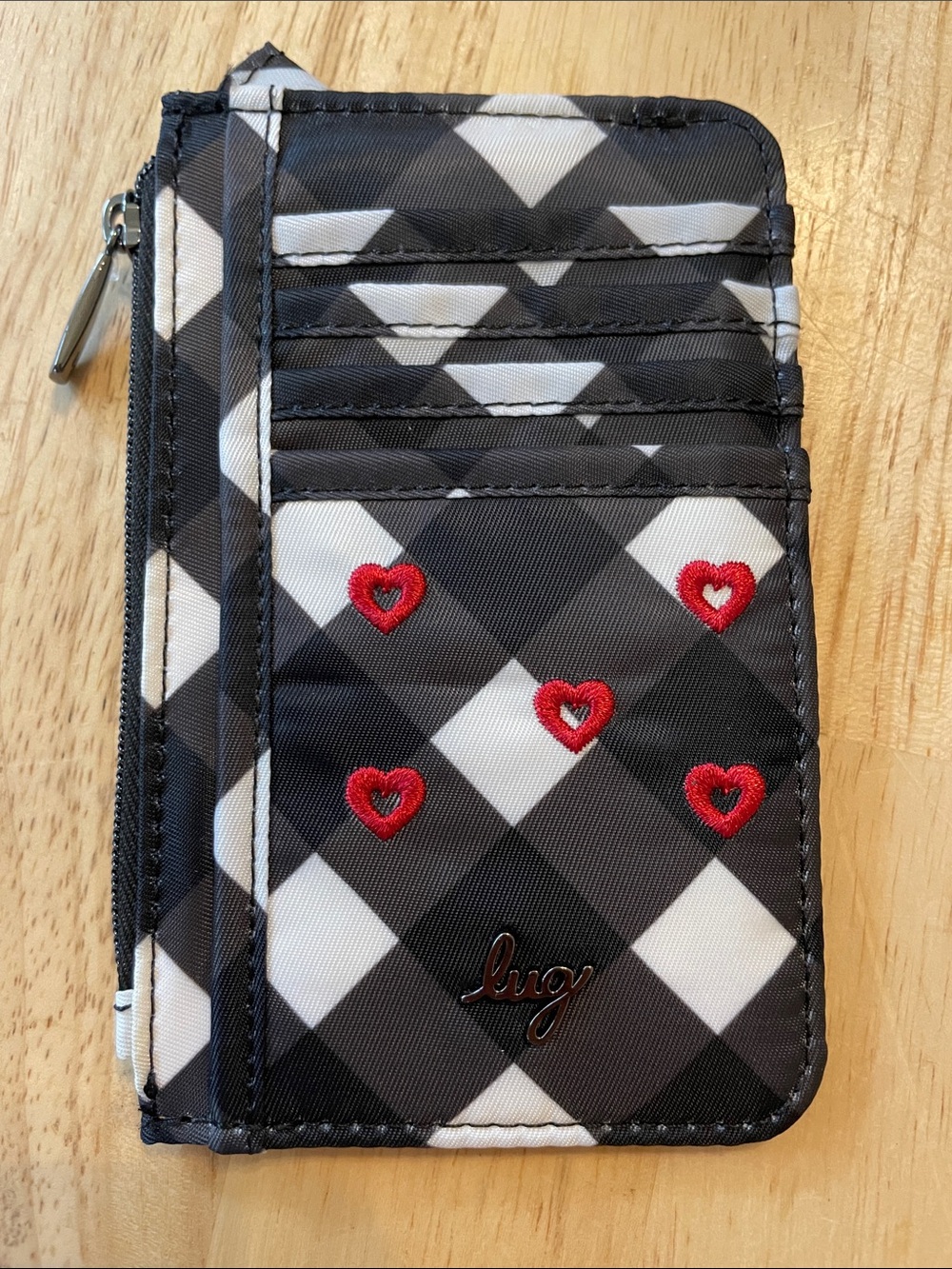 lug Black & White Plaid Card Wallet with Red Heart Embroidery